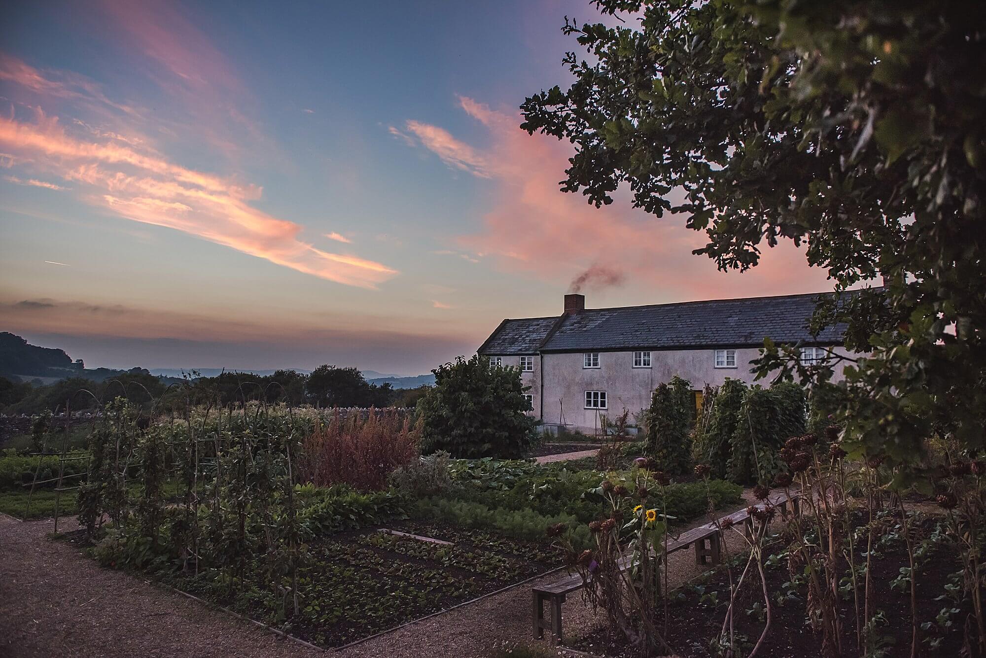 evening and sunset over River Cottage Park Farm gardens near Axminster